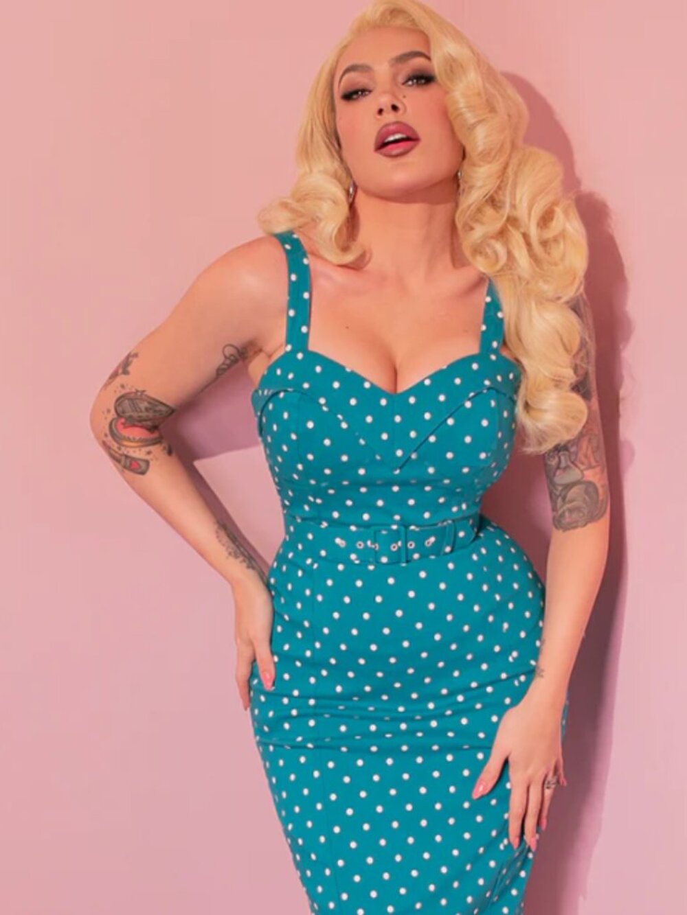 Vixen by Micheline Pitt BNWT Maneater, Teal/White polka dot, Small